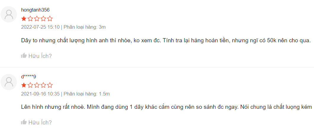 Đánh giá của người mua trên shopee khi mua phải dây VGA kém chất lượng